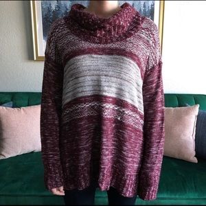 Cozy Vanity Casual Knit Maroon & White Cowl Neck Sweater